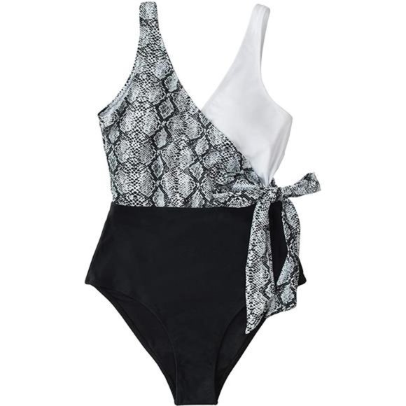 Women's One Piece Swimsuit Wrap Color Block Tie Side Bathing Suit - Picture 1 of 6